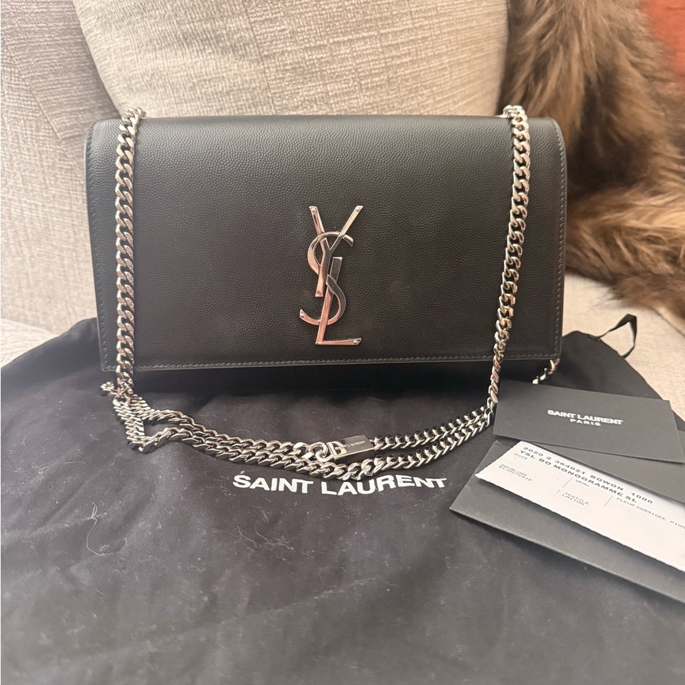 Saint Laurent Black Kate Crossbody Bag with Silver Chain